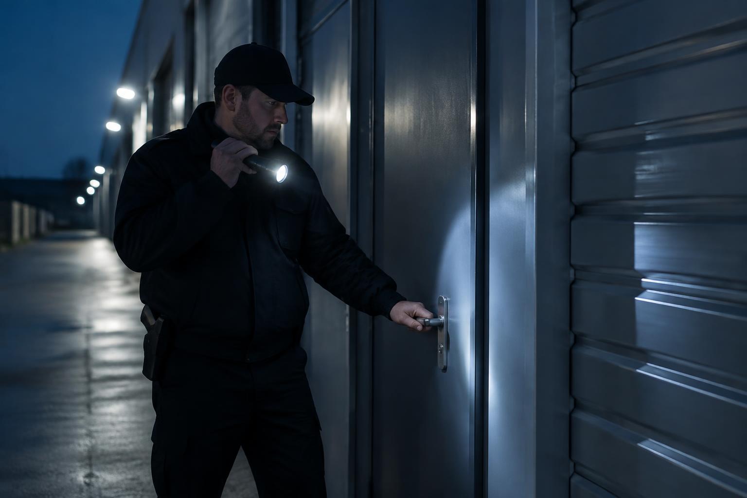 Security officer checking a secured commercial door at night
